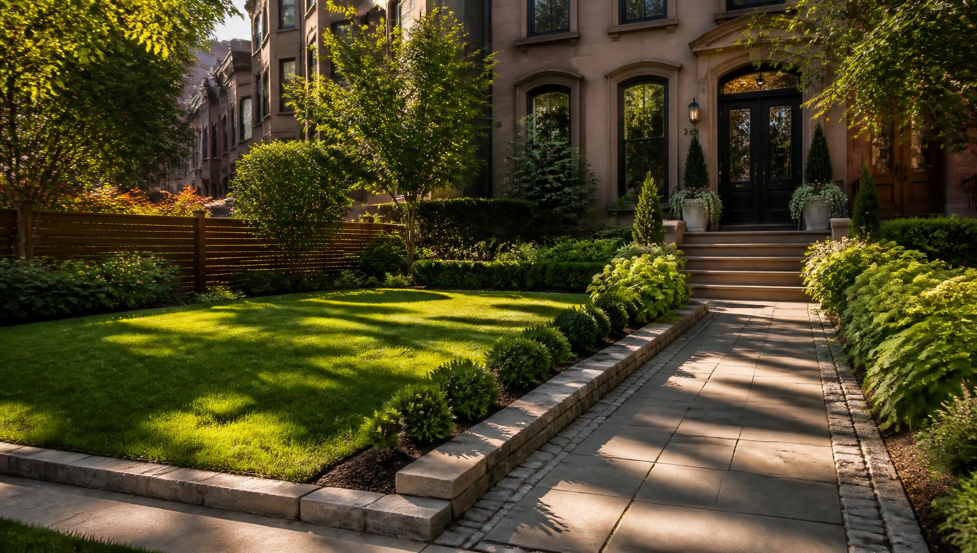 Manicured lawn and stone walkway maintained by 718LANDSCAPE
